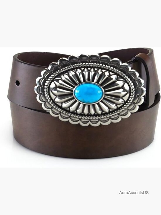 Oval Concho Buckle Leather Belt Turquoise Stone main image 6